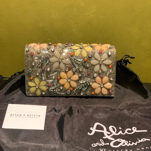 Alice + Olivia - Rhinestone & Beaded Flower Evening Clutch Handbag - Picture 2 of 9